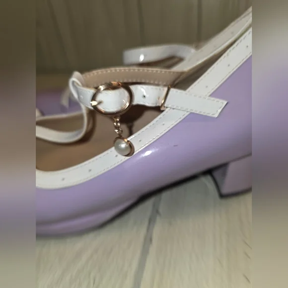 Jingpin Womens Lavender Pin Up Girl Mary Jane Shoes Block Heel Bow Pearl Charm - Picture 5 of 10